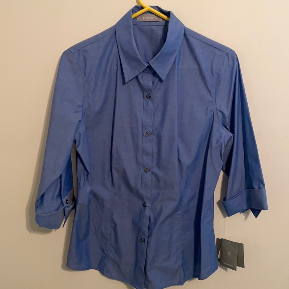 Blue Liz Claiborne Button Down Shirt 3/4 Sleeve L